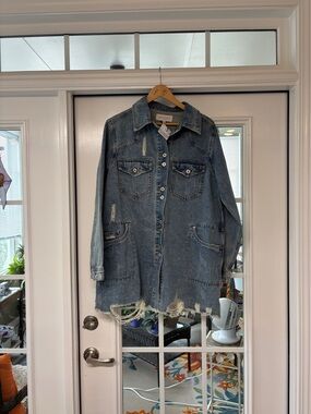 Distressed Long Denim Jacket - Light Blue